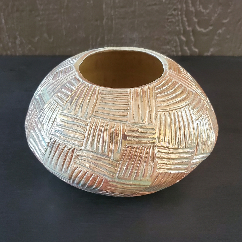 Vintage Signed Studio Art Pottery Gold Vase Set - Picture 3 of 10